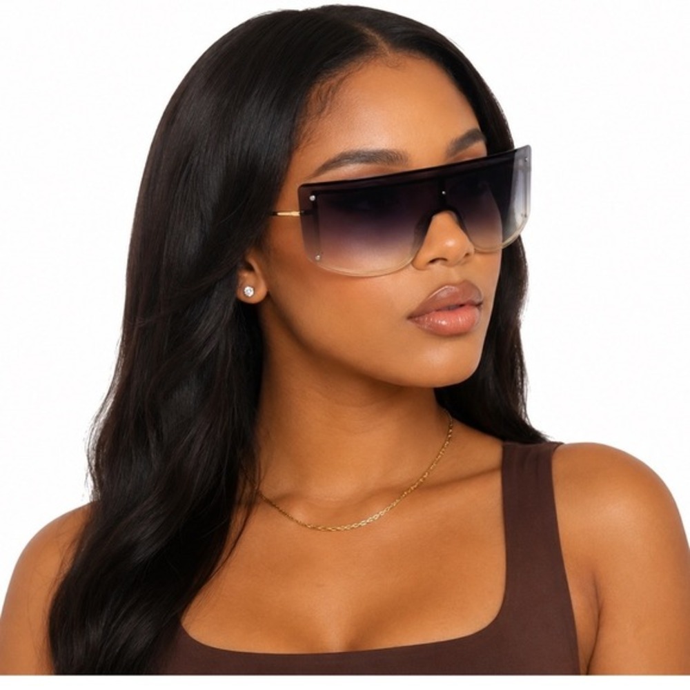 Oversized Shield Sunglasses Gray Gradient Lens Gold Frame Rimless Flat Top 81-15